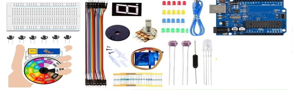 Beginners Kit for Uno R3 with circuit cards ideal for DIY Electronics starters, STEM projects and programmers compatible with Arduino IDE.